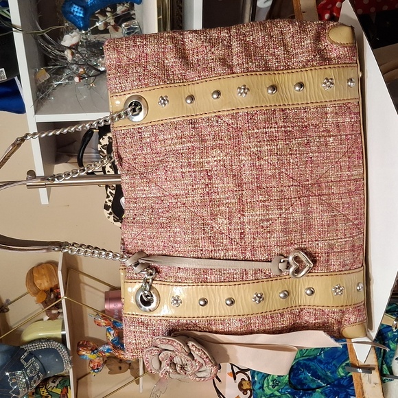 Brighton Handbags - Brighton Josette Pink Tweed and Tan Patent Leather Women's  Handbag Tote Bag